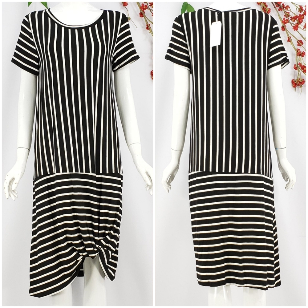 NWT Black & Ivory Striped Knit Midi Dress - Picture 2 of 9
